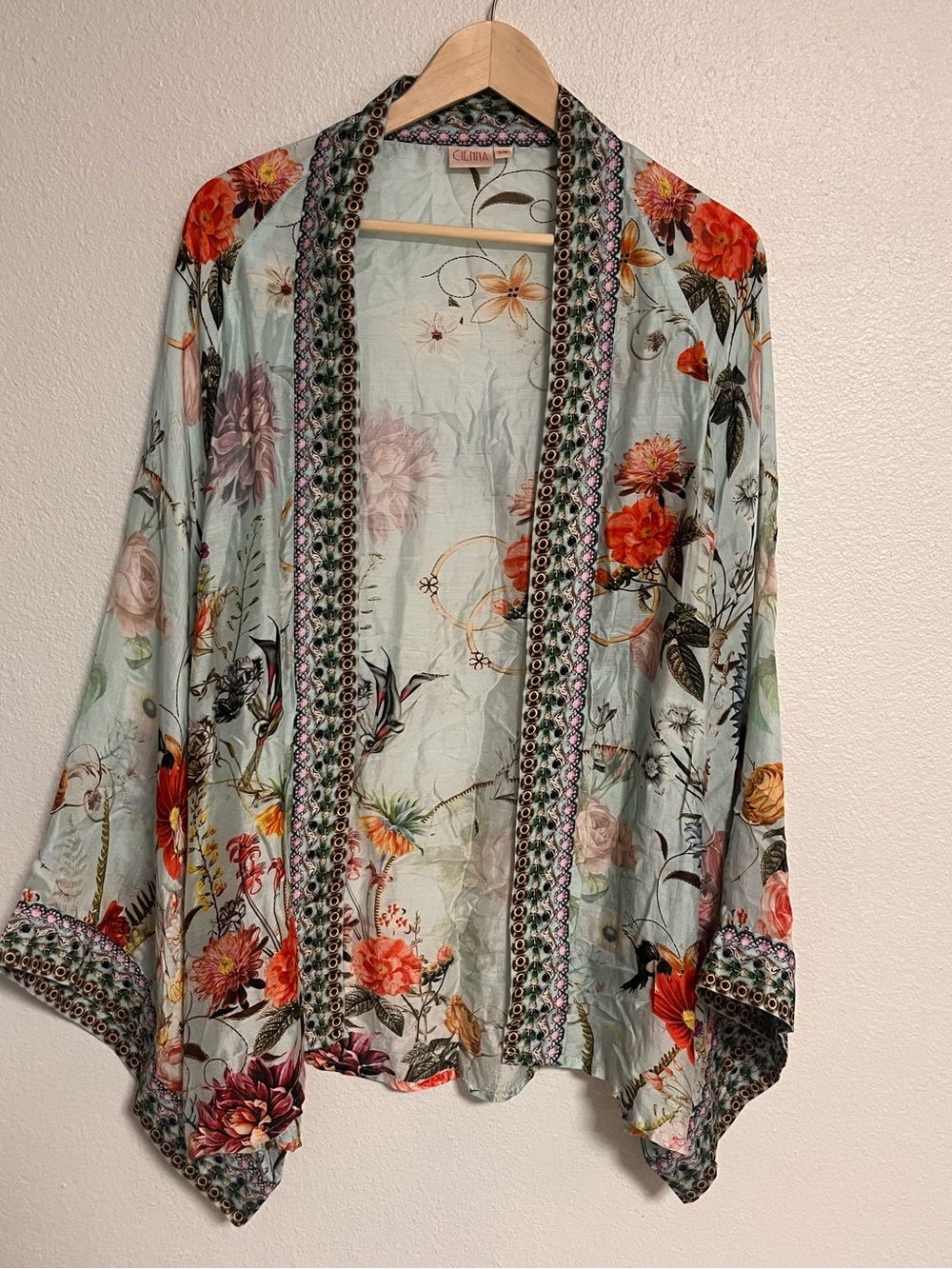 Cienna Light Blue Floral Kimono Jacket - 100% silk flower birds